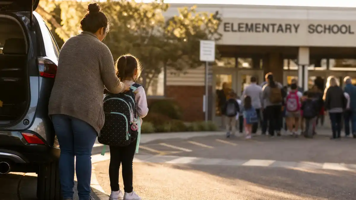 Ben Affleck Jennifer Garner co-parenting style — school drop-off from behind with anonymous co-parent handoff silhouettes without identifiable faces