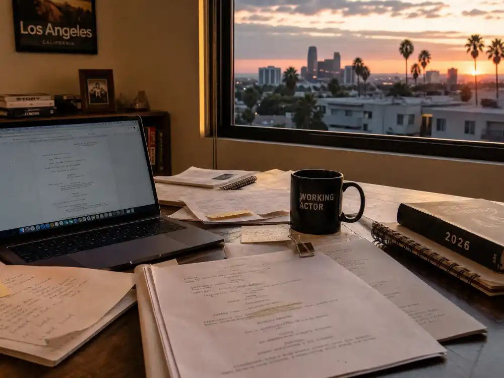 A cozy home office with scripts for Ben Savage now as working actor and public figure in 2026