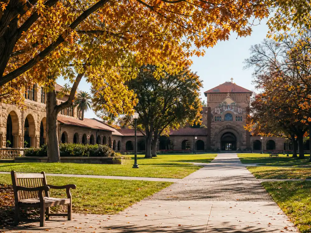 A university campus quad representing Ben Savage Stanford years during Boy Meets World college arc