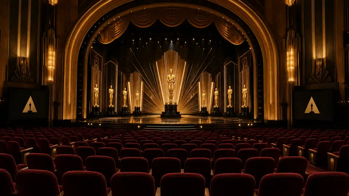 Best actor Oscar winners list by year — golden statuette display and Art Deco awards theatre interior evoking Hollywood leading-role history