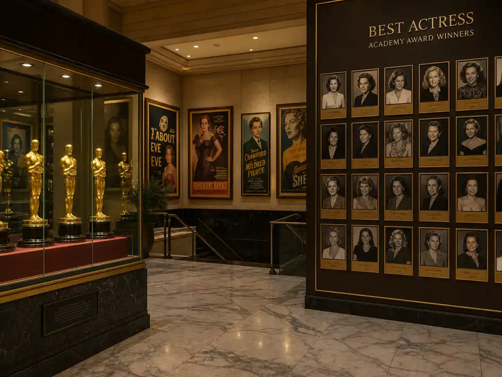Academy Awards lobby display for the best actress Oscar winners list by year spanning every ceremony since 1929
