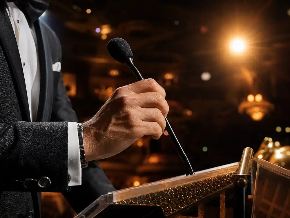 A spotlit awards podium microphone where the best award show hosts of all time have opened ceremonies for decades of live global broadcasts