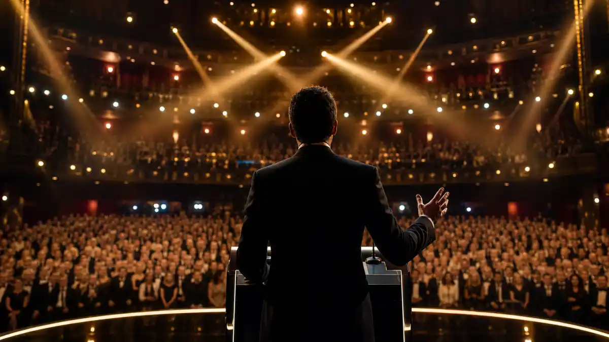 Best award show opening monologues ever — anonymous host silhouette delivering an opening monologue on a grand awards theatre stage under golden spotlights