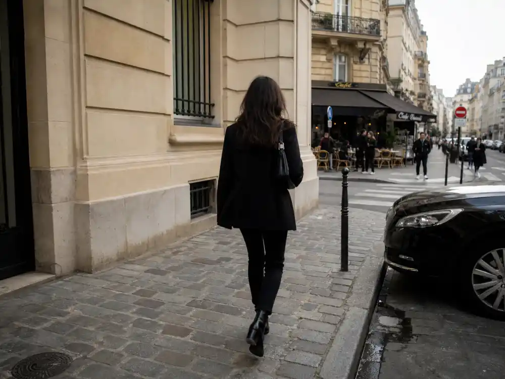 Anonymous woman from behind in chic black coat and ankle boots on Paris cobblestone sidewalk illustrating best celebrity street style of all time European off-duty codes