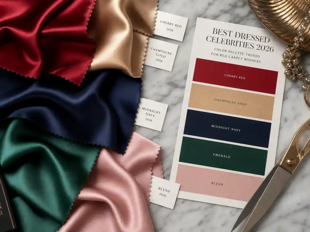 Cherry red champagne gold midnight navy emerald and blush silk fabric swatches flat lay illustrating 2026 color palette trends worn by best dressed celebrities 2026