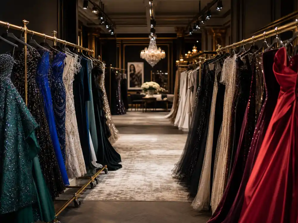 Haute couture evening gowns on rolling racks in designer showroom aisle view showing luxury construction codes behind best dressed celebrities 2026 style winners