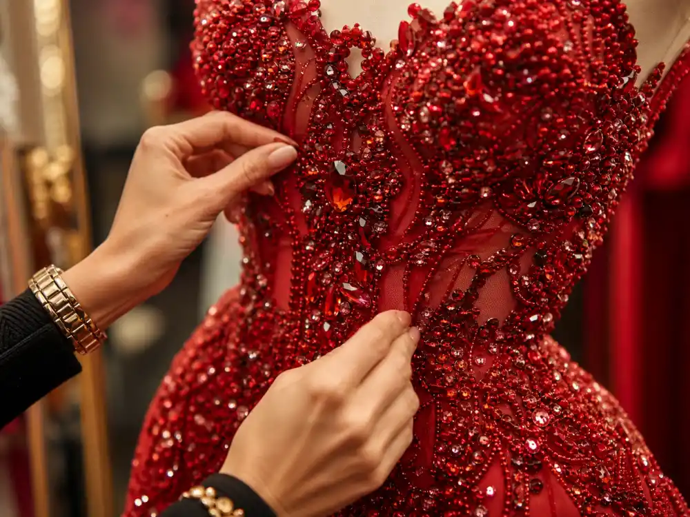 Stylist hands adjusting crystal sequin beading on couture red carpet gown bodice showing atelier craftsmanship behind best dressed celebrities 2026 premiere dressing