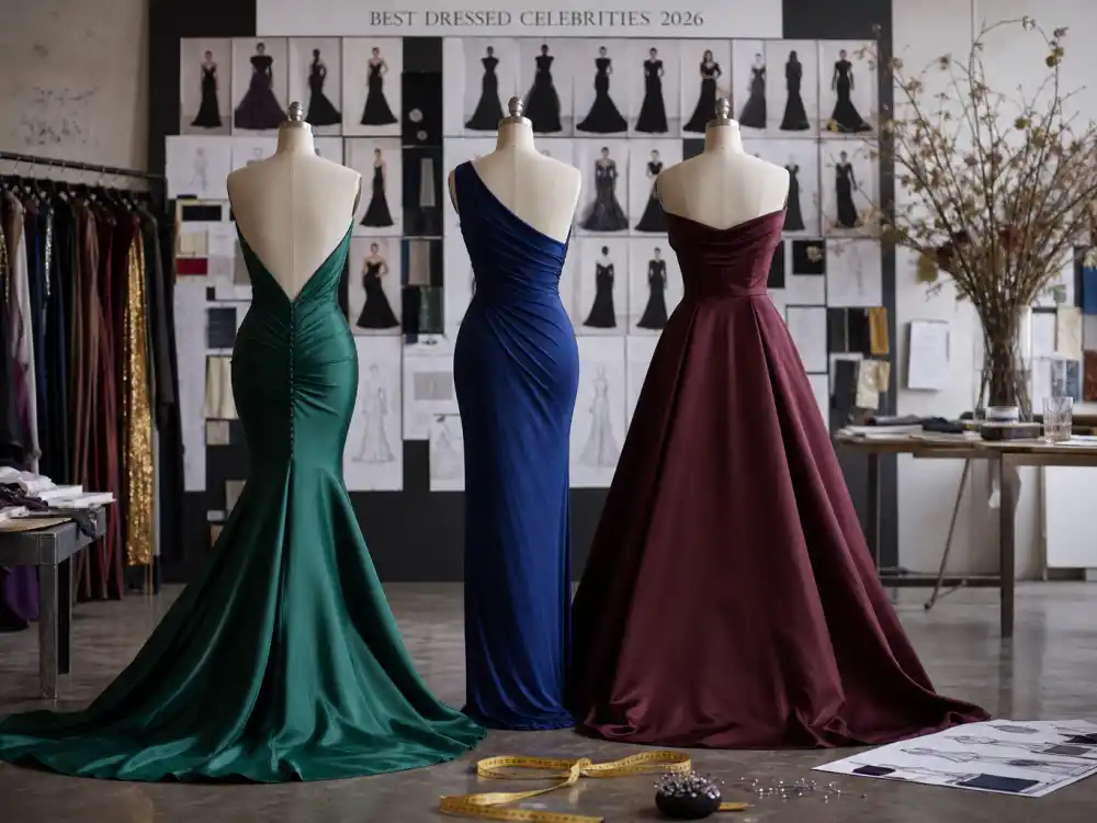 Three red carpet gown silhouettes on dress forms from behind showing mermaid A-line and column shapes defining best dressed celebrities 2026 premiere proportion codes