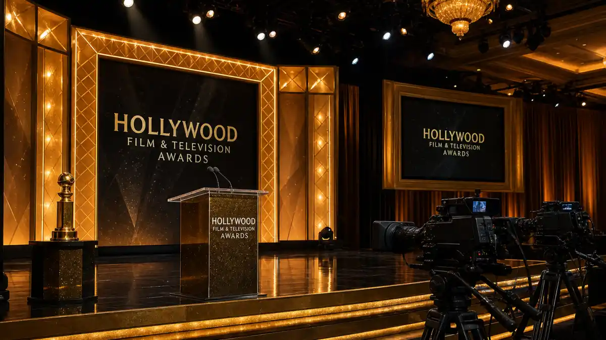 Best Golden Globes host monologues ever — anonymous host silhouette at podium microphone on Beverly Hilton awards stage under golden spotlights