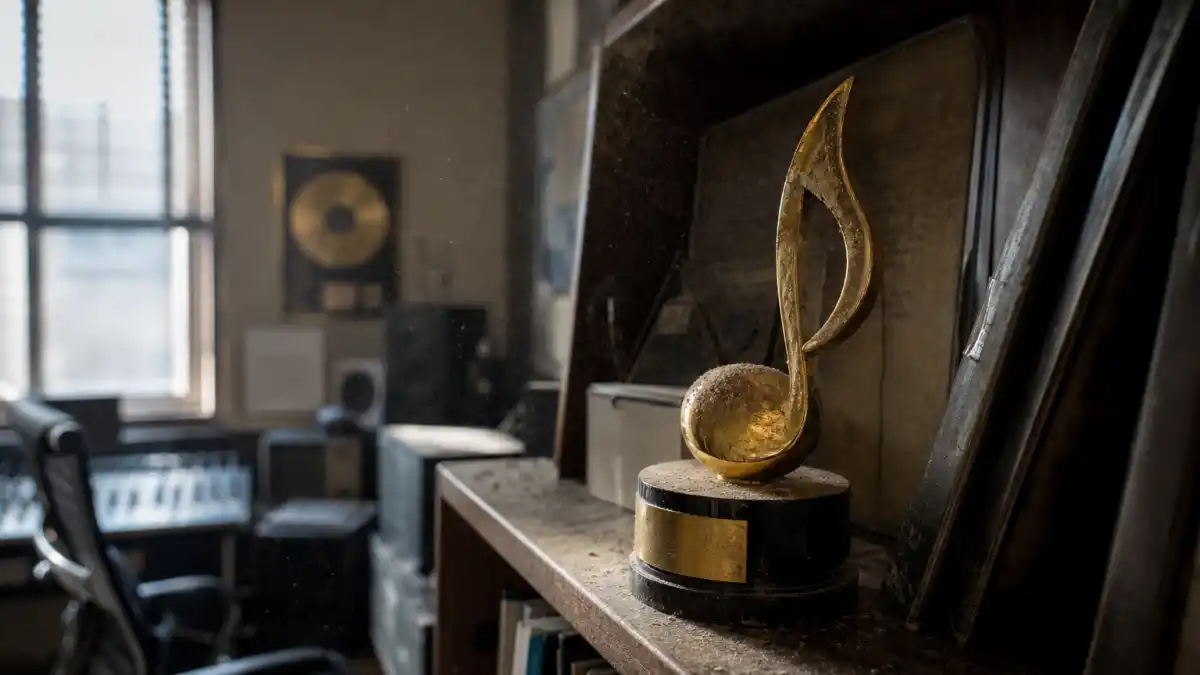 Best New Artist Grammy curse explained — dusty generic golden music trophy on a shelf symbolizing faded fame after a breakthrough win