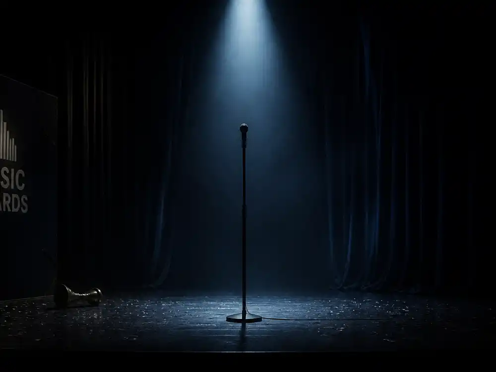 Empty stage with a single fading spotlight captures the Best New Artist Grammy curse myth of careers that peak on awards night then disappear