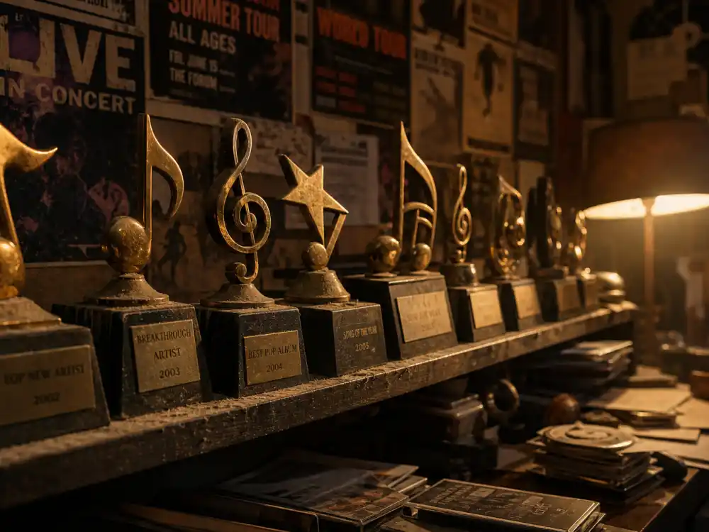 Dusty generic golden music trophies on a manager office shelf show how the Best New Artist Grammy curse became music-industry folklore