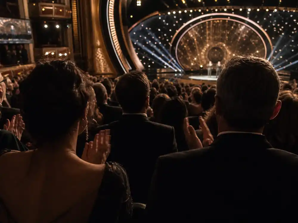 Laughing audience silhouettes react to monologue jokes from contenders among the best Oscars hosts of all time during a live ceremony broadcast