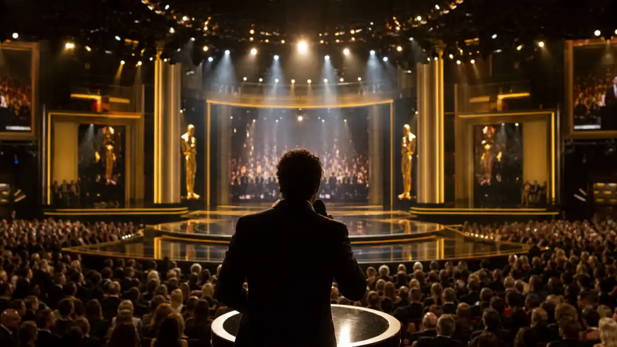 Best Oscars hosts of all time — anonymous host silhouette with microphone on a grand awards theatre stage under golden spotlights