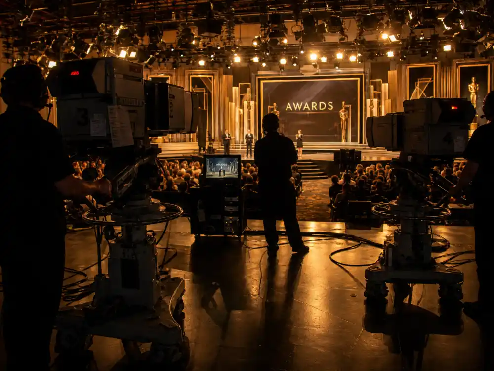 Vintage broadcast cameras capture the best Oscars hosts of all time delivering monologues on live television from the Academy Awards stage