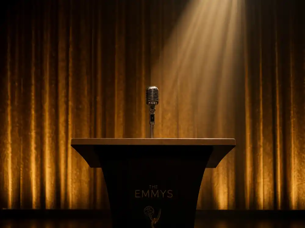 A spotlit awards podium microphone where the best Oscars hosts of all time have opened ceremonies for nearly a century of Academy Awards broadcasts