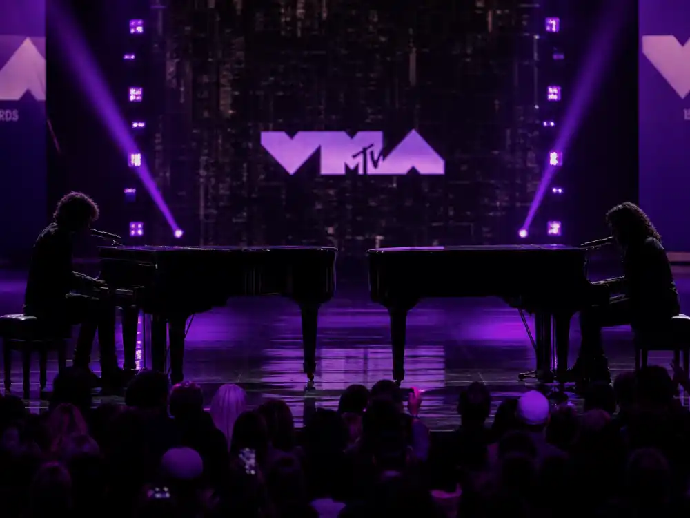Eminem and Elton John dual piano VMA duet is one of the best VMA performances of all time — two pianos facing center stage under spotlight