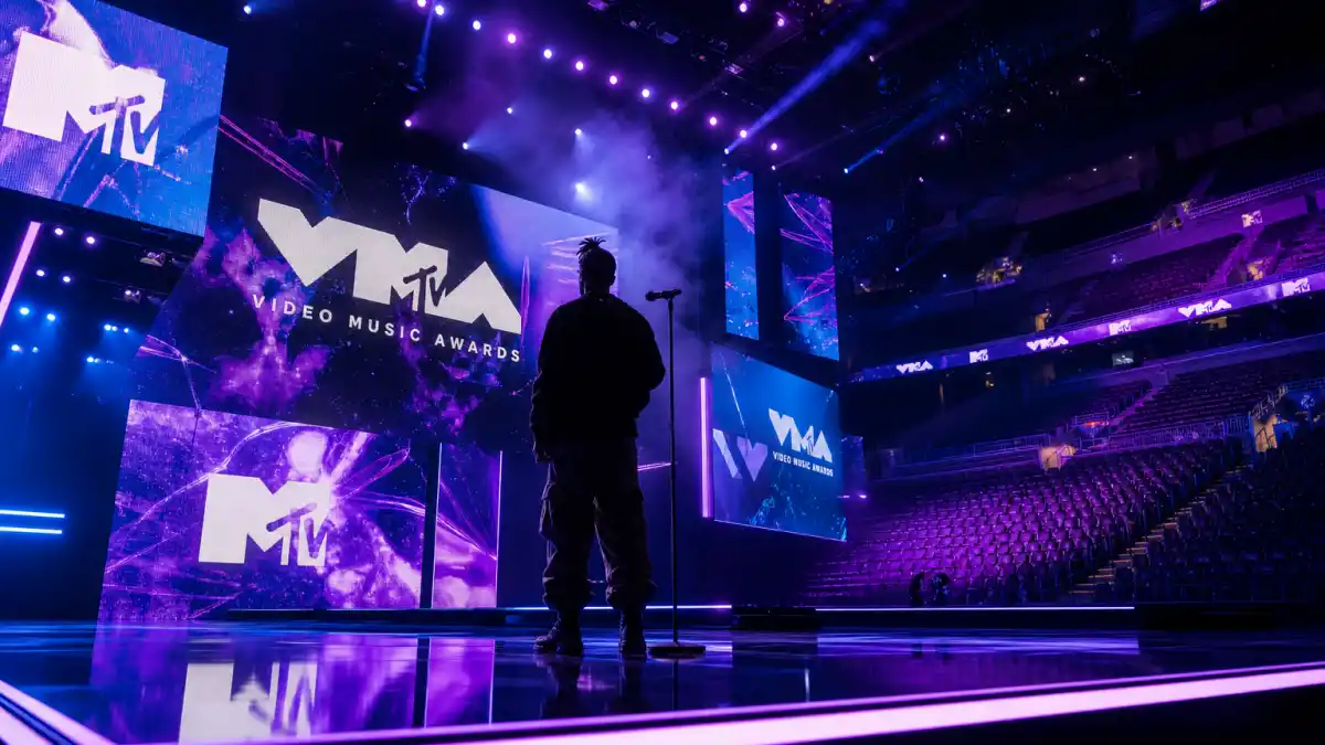 Best VMA performances of all time — MTV Video Music Awards stage with purple lighting and anonymous performer silhouette at center microphone