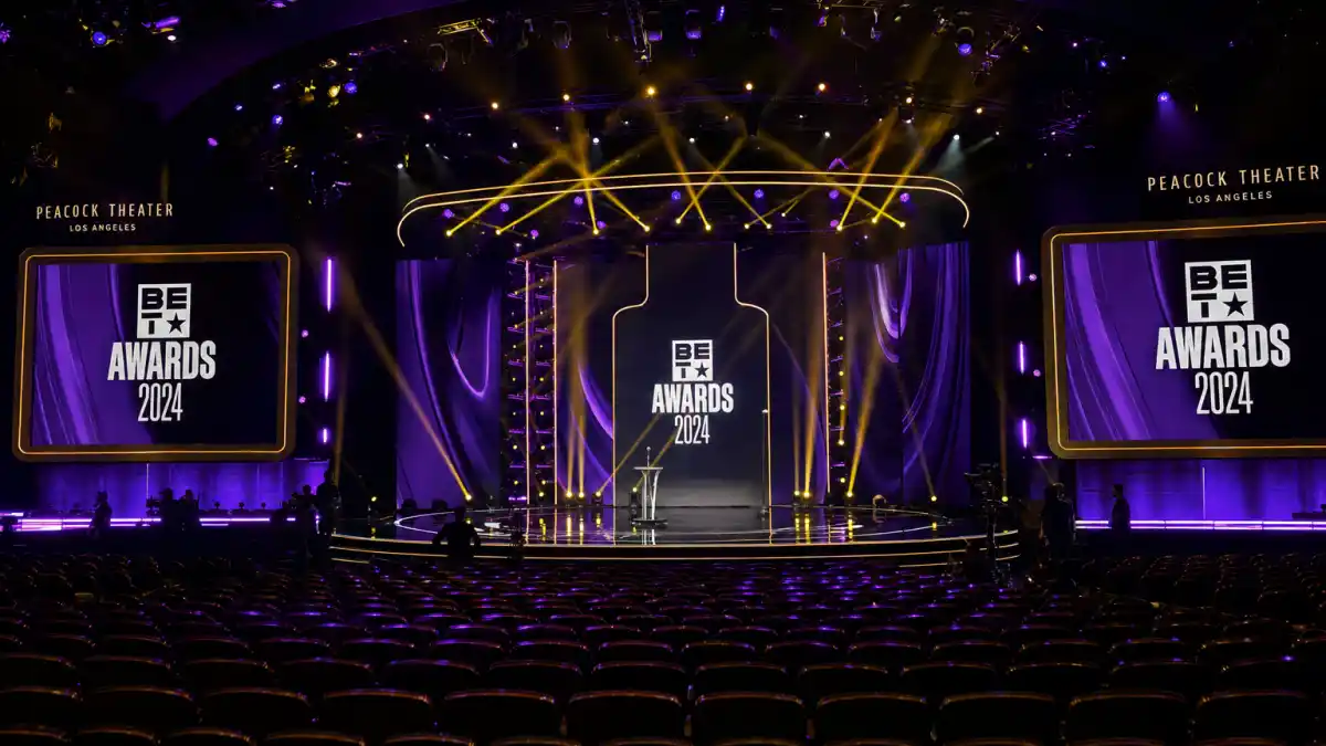BET Awards 2026 winners list — Peacock Theater Los Angeles ceremony stage with golden trophies before June 28 live telecast