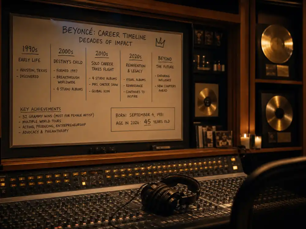 Music studio setup reflecting Beyonce age and birthday 2026 milestone timeline across more than three decades of album releases and touring eras