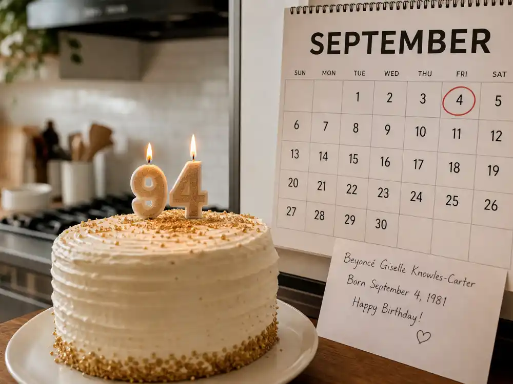 September 4 birthday cake and calendar marking Beyonce age and birthday 2026 each year when fans celebrate her Virgo birth date