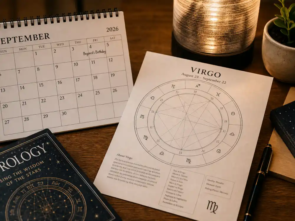 Virgo zodiac chart beside September calendar for Beyonce age and birthday 2026 — September 4 birth date places her under Virgo in Western astrology