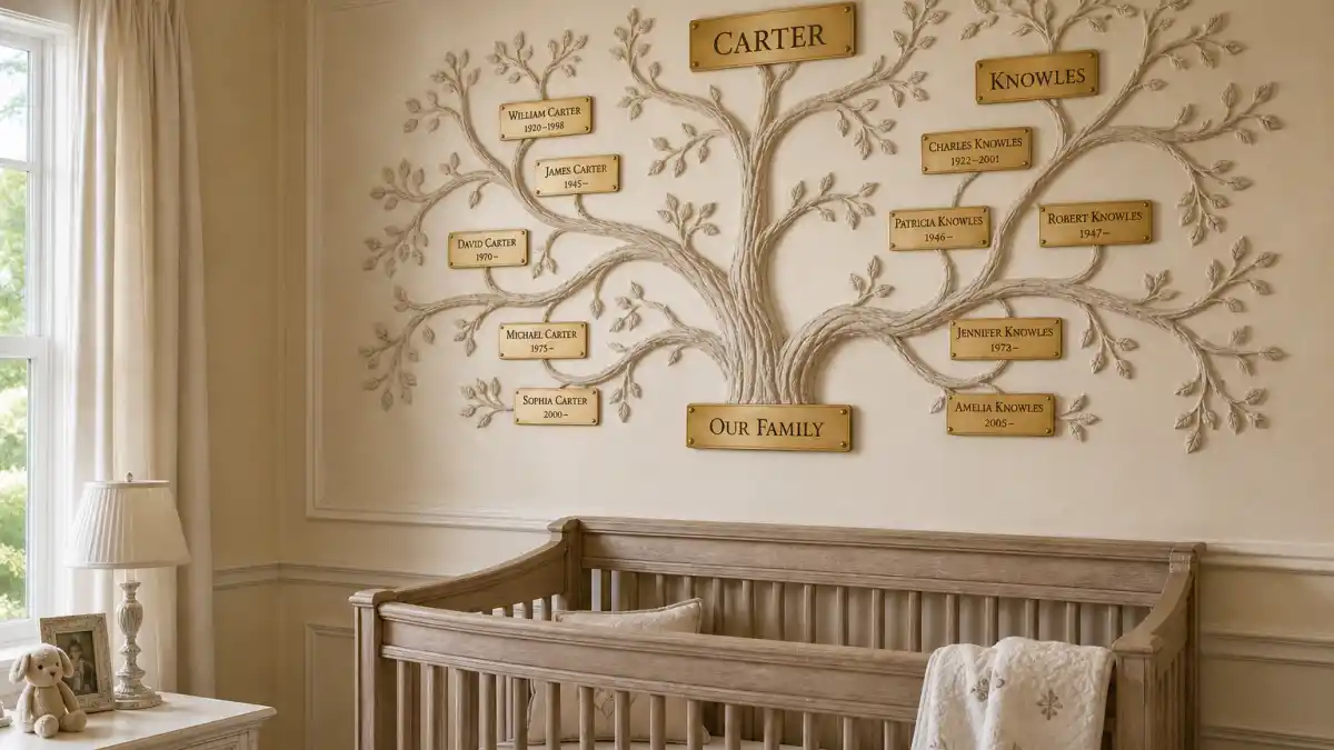 Beyonce Blue Ivy family tree explained — luxury nursery wall with Carter and Knowles branch family tree chart and gold name plaques without faces