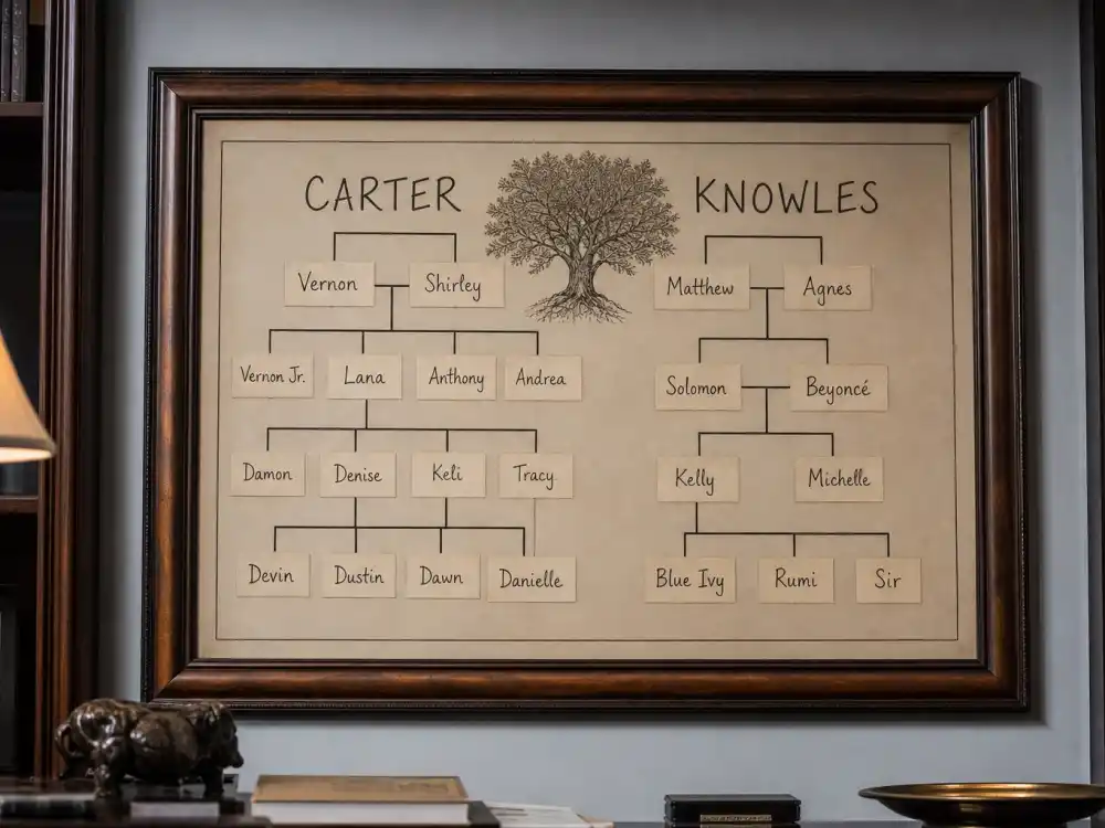 Handmade family tree chart with Carter and Knowles branches for Beyonce Blue Ivy family tree explained — verified parent and child name cards per People