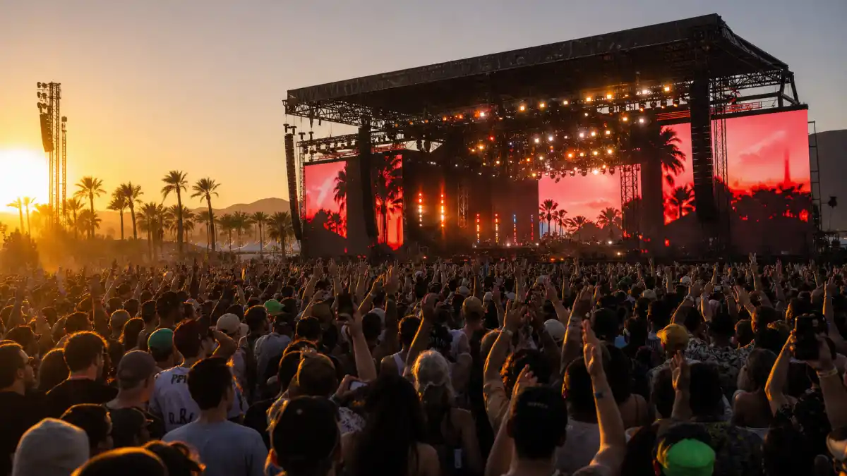 Beyonce Coachella kids cameo explained — desert festival main stage viewed from audience back at golden hour with silhouetted crowd and palm trees