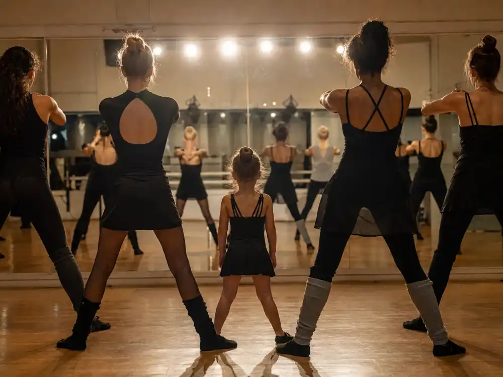 Dance rehearsal studio with performers seen from behind in Beyonce Coachella kids cameo explained — behind-the-scenes Homecoming prep where Blue Ivy practiced choreography