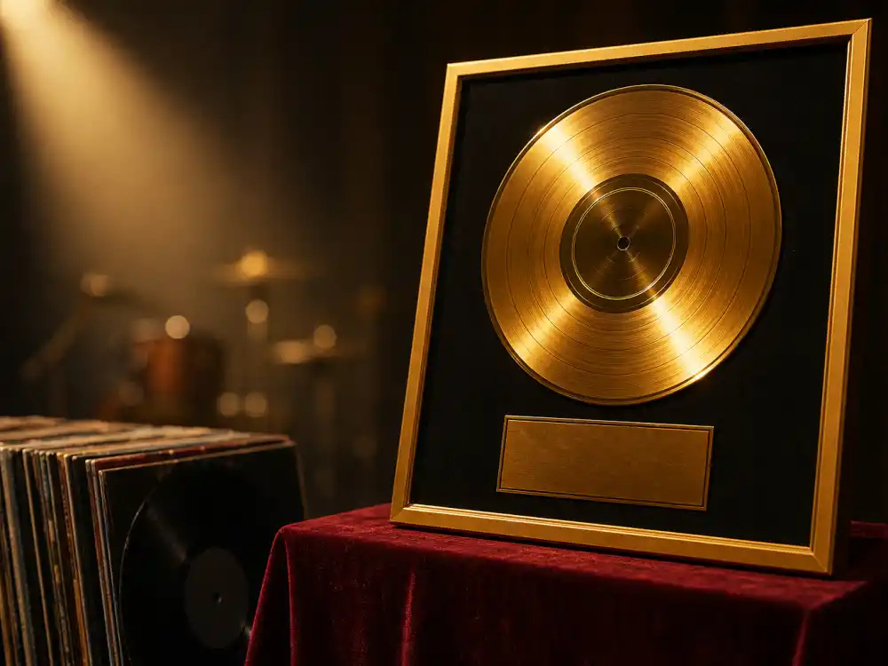 Golden album trophy beside vinyl stacks symbolizes Album of the Year — the final frontier in the Beyonce Grammy wins record narrative arc