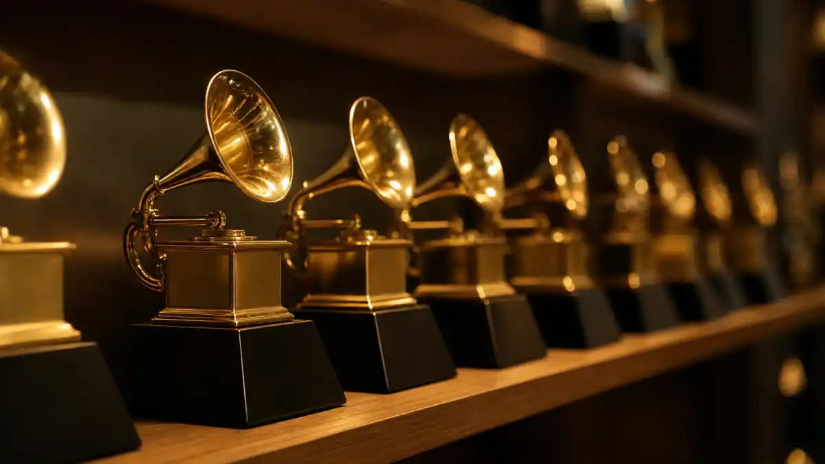 Beyonce Grammy wins record explained — wall of generic golden gramophone-style music trophies under warm awards-ceremony spotlight