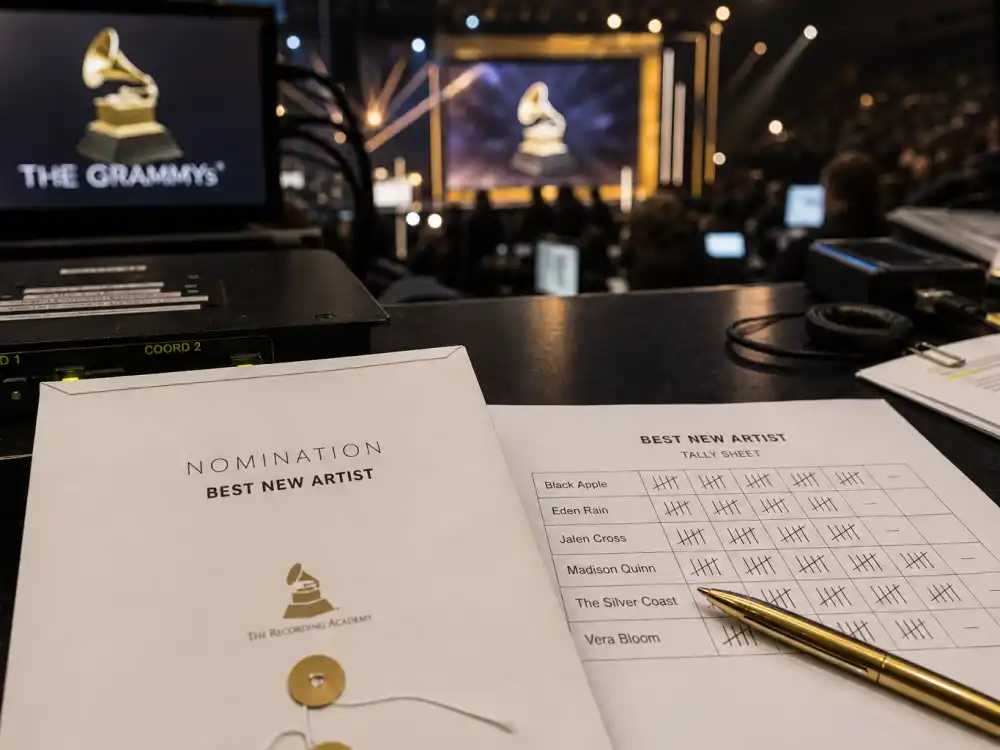Nomination tally sheet on a producer desk reflects Beyonce Grammy wins record context — she also leads the most-nominated artist race alongside Jay-Z