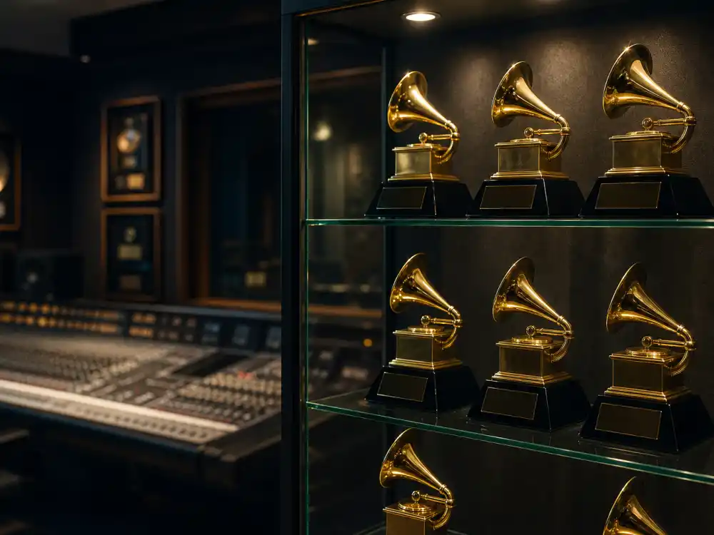 Recording studio trophy shelf illustrates how the Beyonce Grammy wins record grew across two decades of pop, R&B, and country victories