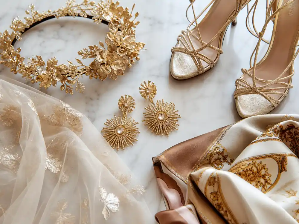 Maternity fashion accessories flat lay with floral gold headpiece veil earrings and heels central to Beyonce maternity fashion style red carpet styling rules