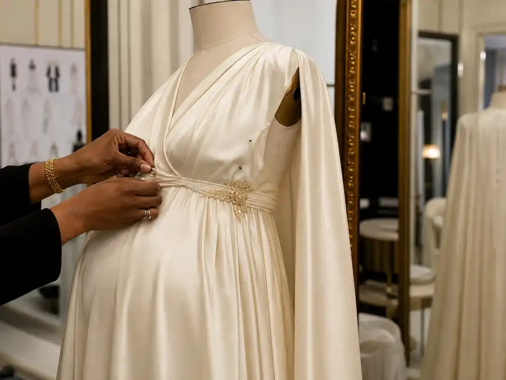 Haute couture fitting room with ivory silk maternity gown on dress form for Beyonce maternity fashion style designer collaboration and custom engineering