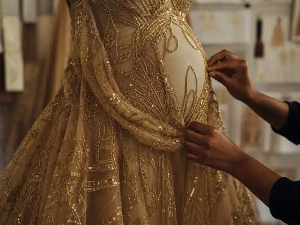 Couture atelier detail of sheer gold embellished maternity gown on dress form showing Beyonce maternity fashion style Peter Dundas construction craft