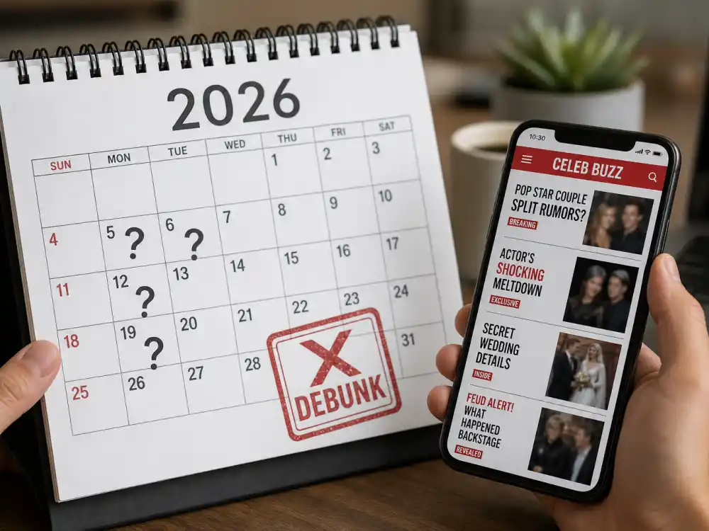 2026 calendar with debunk stamp beside gossip headlines in Beyonce motherhood journey timeline — no fourth pregnancy confirmed per People through June 2026