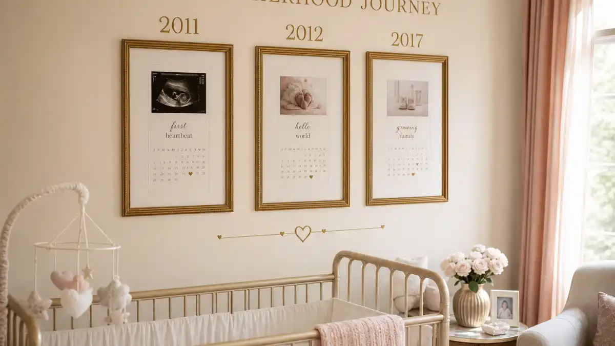 Beyonce motherhood journey timeline — nursery wall motherhood journey calendar with 2011 2012 2017 gold milestone frames without faces