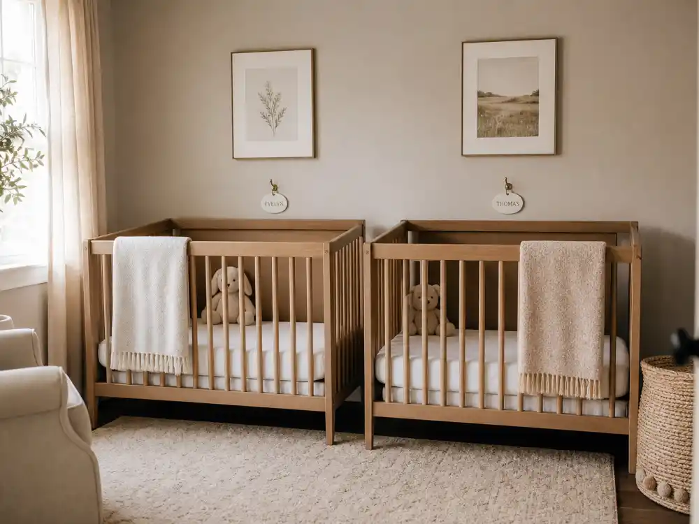 Twin nursery evolution with two matching cribs in Beyonce motherhood journey timeline — Rumi and Sir 2017 nursery chapter documented by Us Weekly