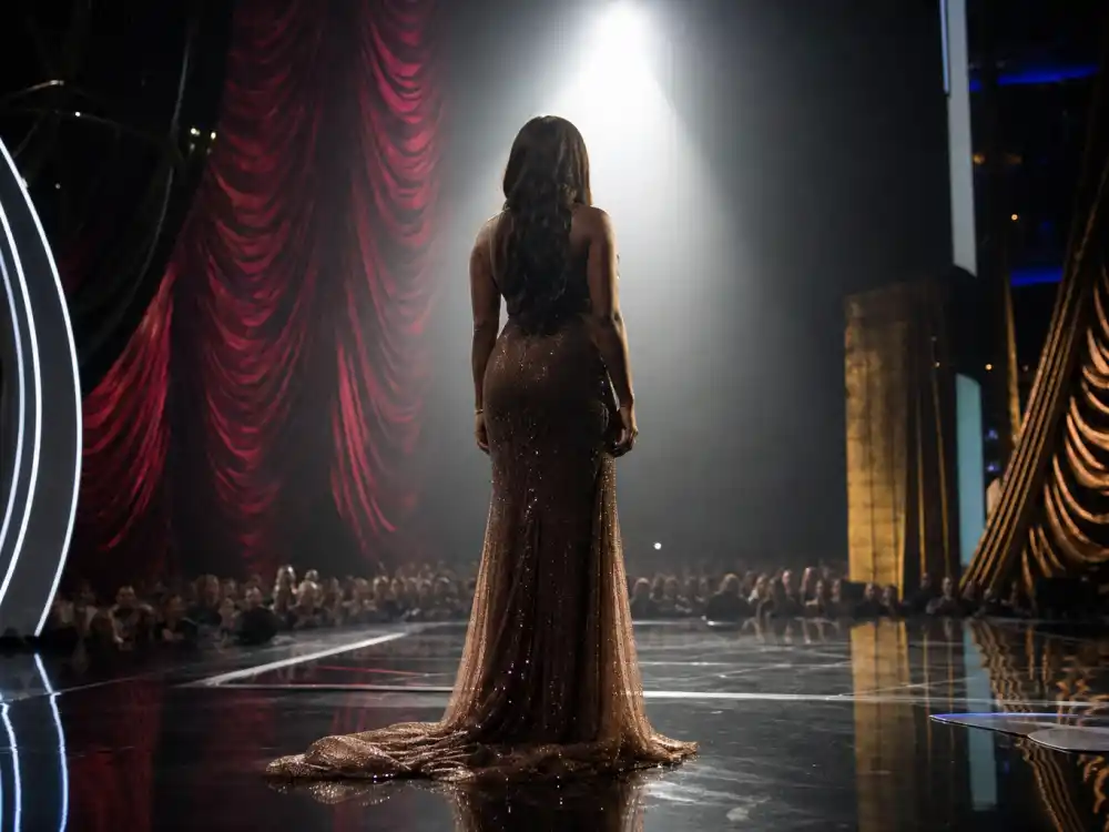 Pregnant woman silhouette from behind on awards show stage in Beyonce motherhood journey timeline — August 2011 VMA pregnancy reveal visual without faces
