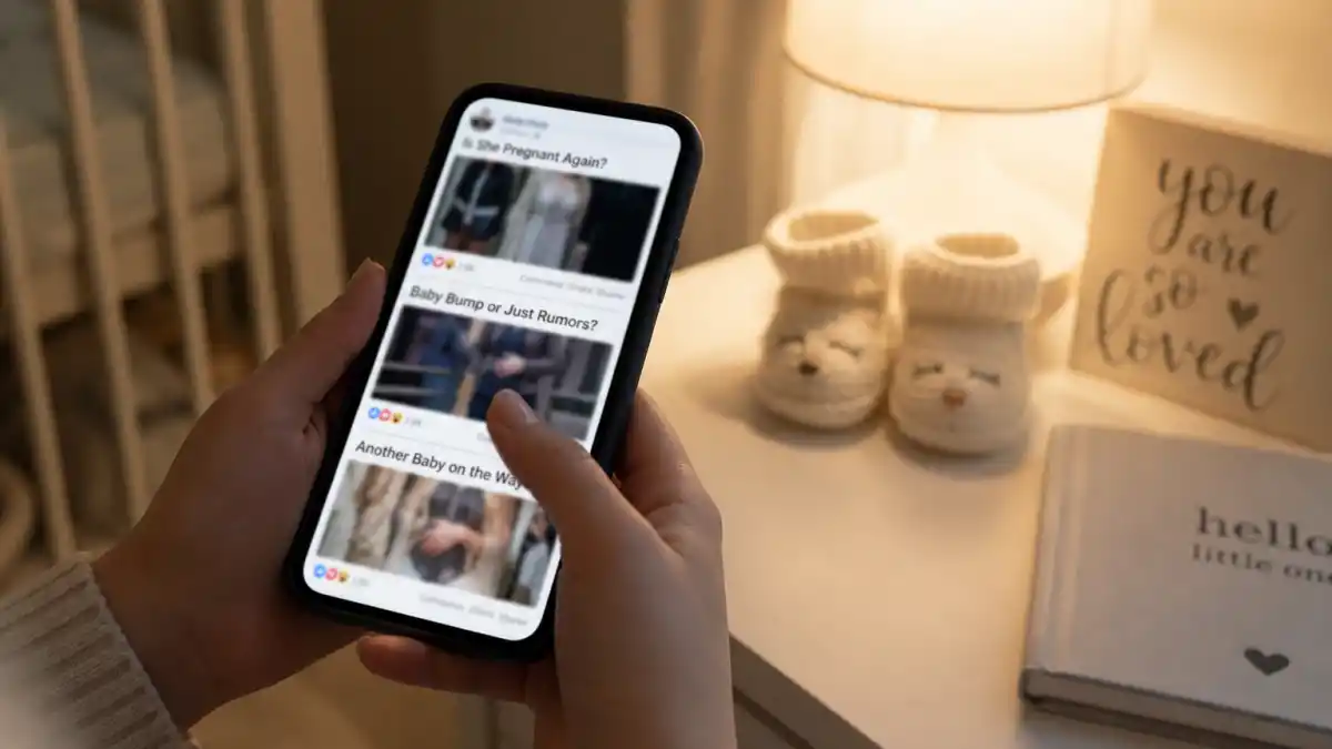 Beyonce pregnancy rumors 2026 explained — hands scrolling smartphone pregnancy speculation headlines beside nursery booties