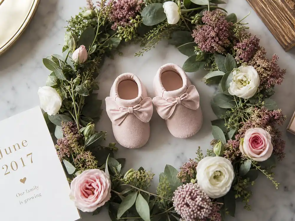 Twin booties and flower wreath birth announcement flat lay in Beyonce twins Rumi and Sir rare appearances — June 13 2017 delivery mood per People