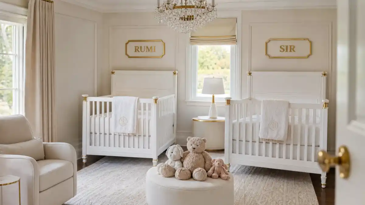 Beyonce twins Rumi and Sir rare appearances — luxury twin nursery with matching cribs and gold RUMI SIR name plaques without faces