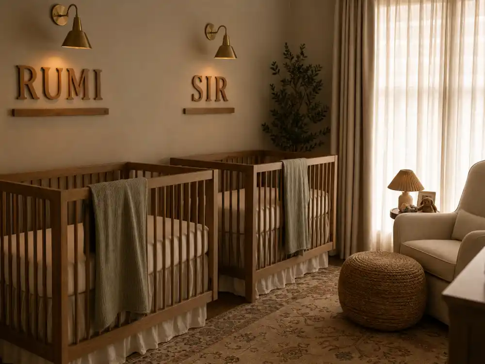 Twin nursery with RUMI and SIR name plaques and sheer privacy curtains in Beyonce twins Rumi and Sir rare appearances — controlled imagery era