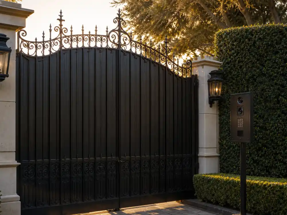 Wrought iron privacy gate at luxury estate entrance in Beyonce twins Rumi and Sir rare appearances — Carter family twin protection boundaries