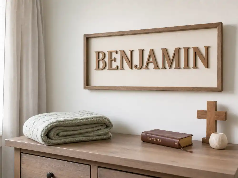 BENJAMIN nursery name plaque above dresser with leather Bible — biblical celebrity baby names trend Hebrew son-of-the-right-hand context on Scheana Shay verified hub entry