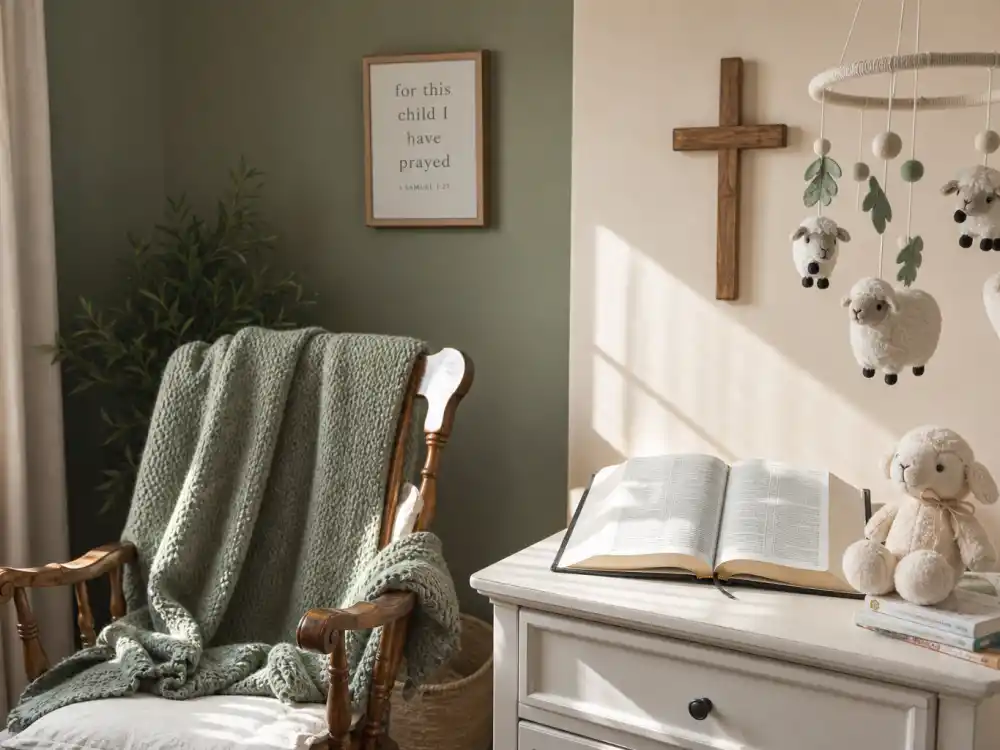 Nursery corner with open Bible on side table and subtle wooden cross wall decor — biblical celebrity baby names trend decode culture ties scripture roots to verified caption spellings