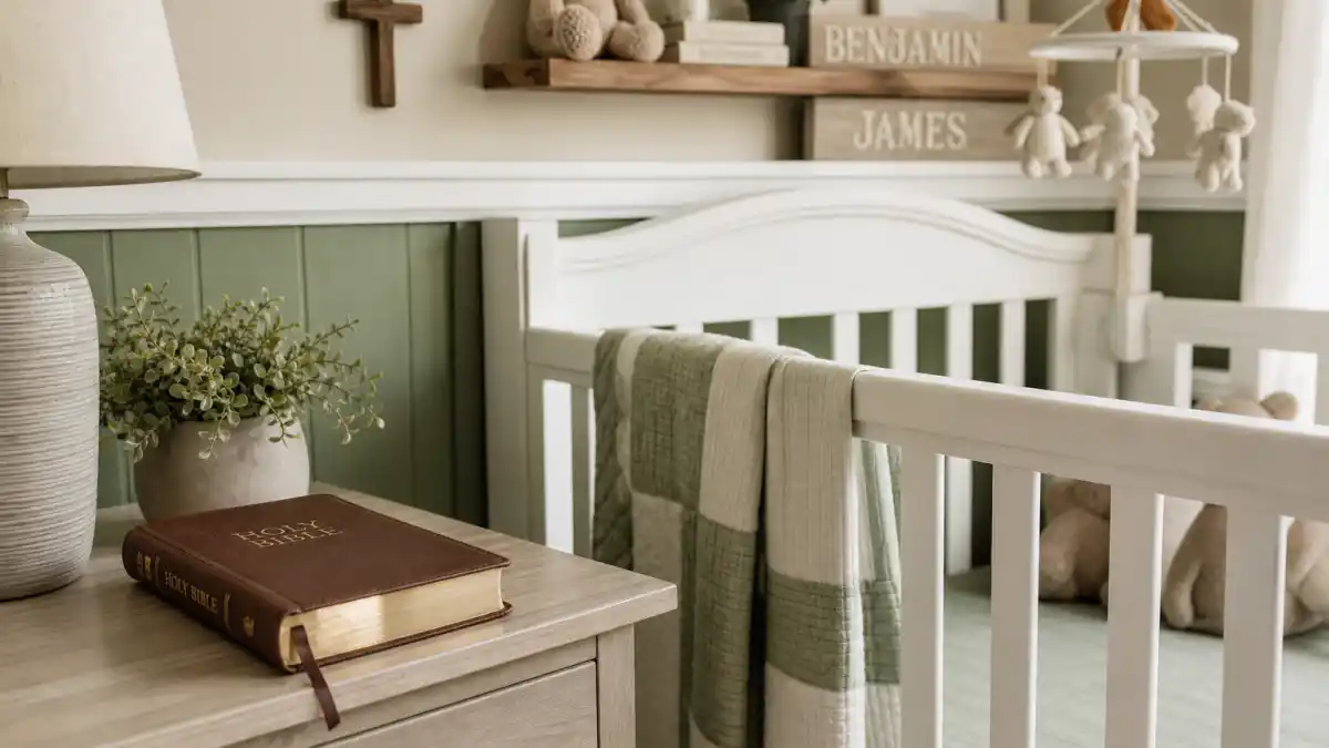 Biblical celebrity baby names trend nursery hub — leather Bible on side table beside BENJAMIN and JAMES wooden plaques with subtle cross decor