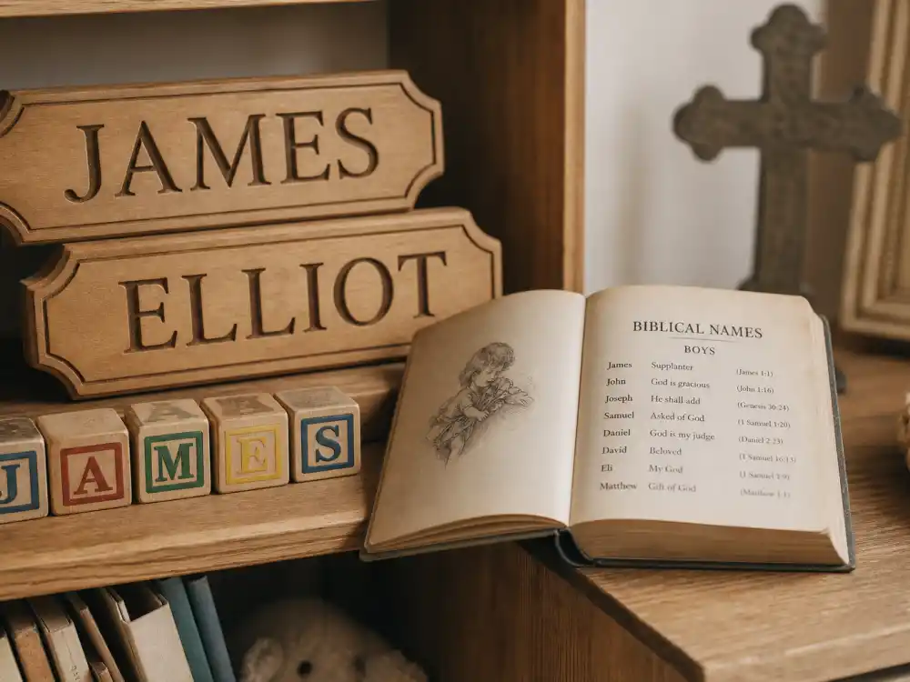 JAMES and ELLIOT wooden plaques beside vintage baby name book — biblical celebrity baby names trend middle-name revival on Elliot James Sheridan and Benjamin James Davies